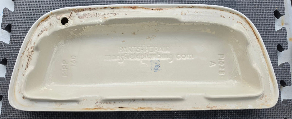 Mansfield 160 white toilet tank lid underside with MPP 160 markings