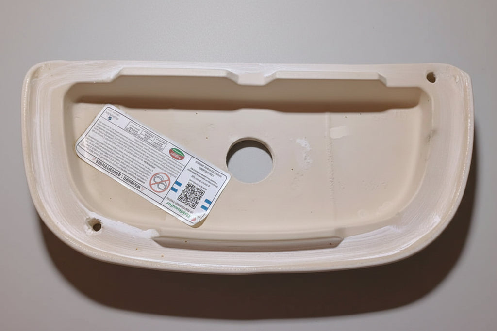 A beige ceramic toilet tank lid replacement part with a blue circular hole and a white product label sticker, shown on a textured blue background.