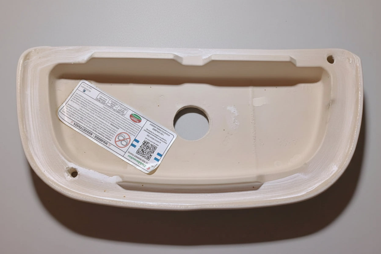 A beige ceramic toilet tank lid replacement part with a blue circular hole and a white product label sticker, shown on a textured blue background.