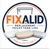 A circular product graphic for Fixalid Replacement Toilet Tank Lids, showing three rectangular toilet tank lid replacement pieces in white, beige, and gray, with the brand name FIXALID and product text inside a navy and orange logo design.