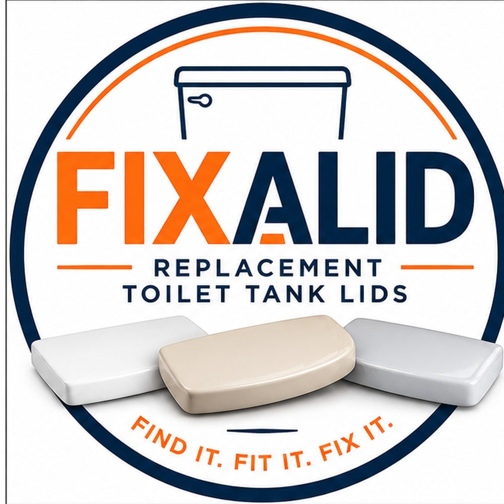 A circular product graphic for Fixalid Replacement Toilet Tank Lids, showing three rectangular toilet tank lid replacement pieces in white, beige, and gray, with the brand name FIXALID and product text inside a navy and orange logo design.