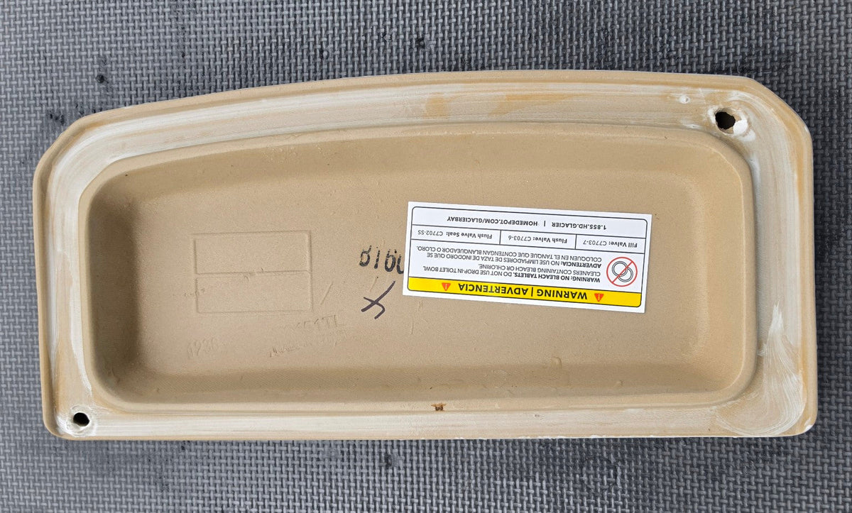 Underside of white Niagara Glacier Bay N2451TL toilet tank lid
