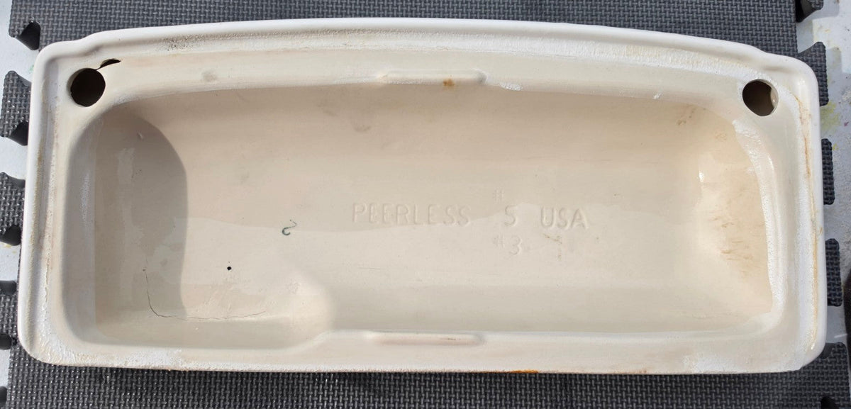Peerless 35 white toilet tank lid underside showing Peerless USA stamp